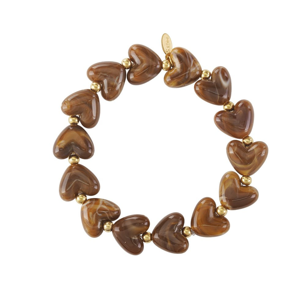 Strecht armband kralen met hartjes bruin