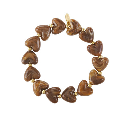 Strecht armband kralen met hartjes bruin