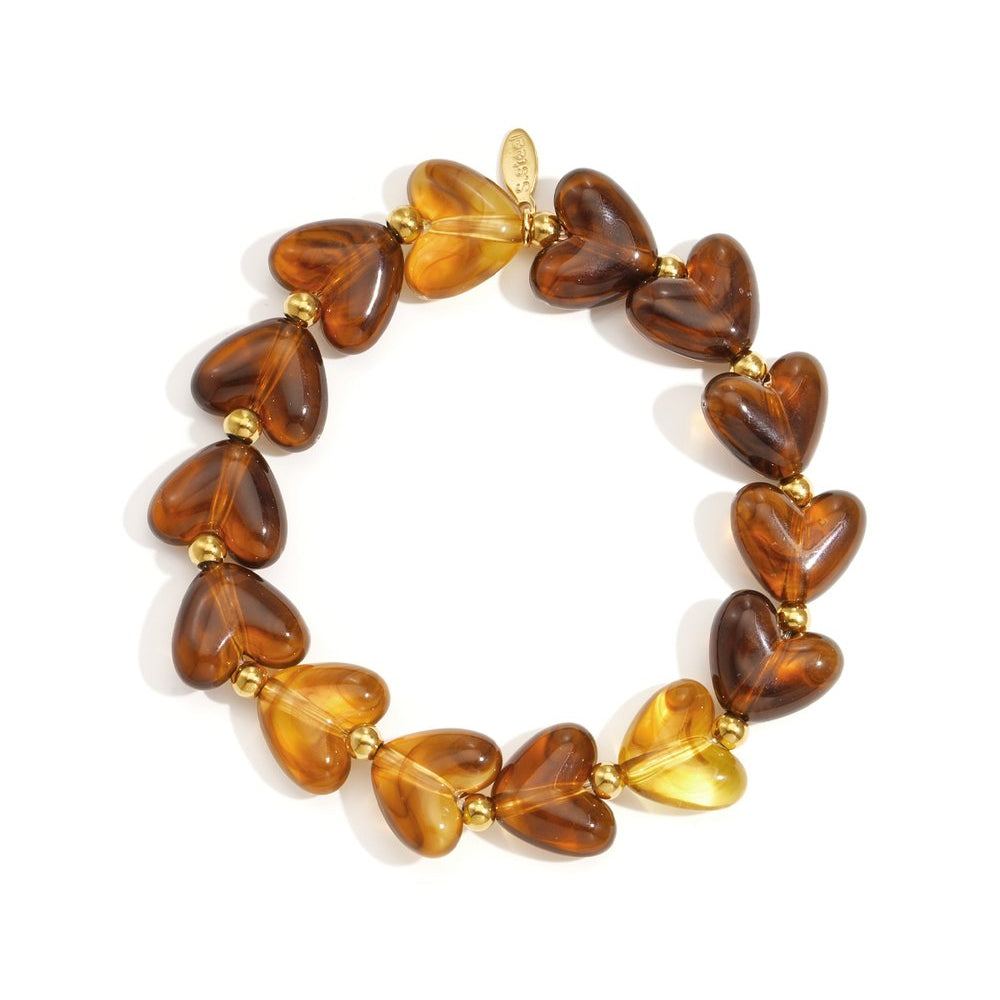 Strecht armband kralen met hartjes bruin